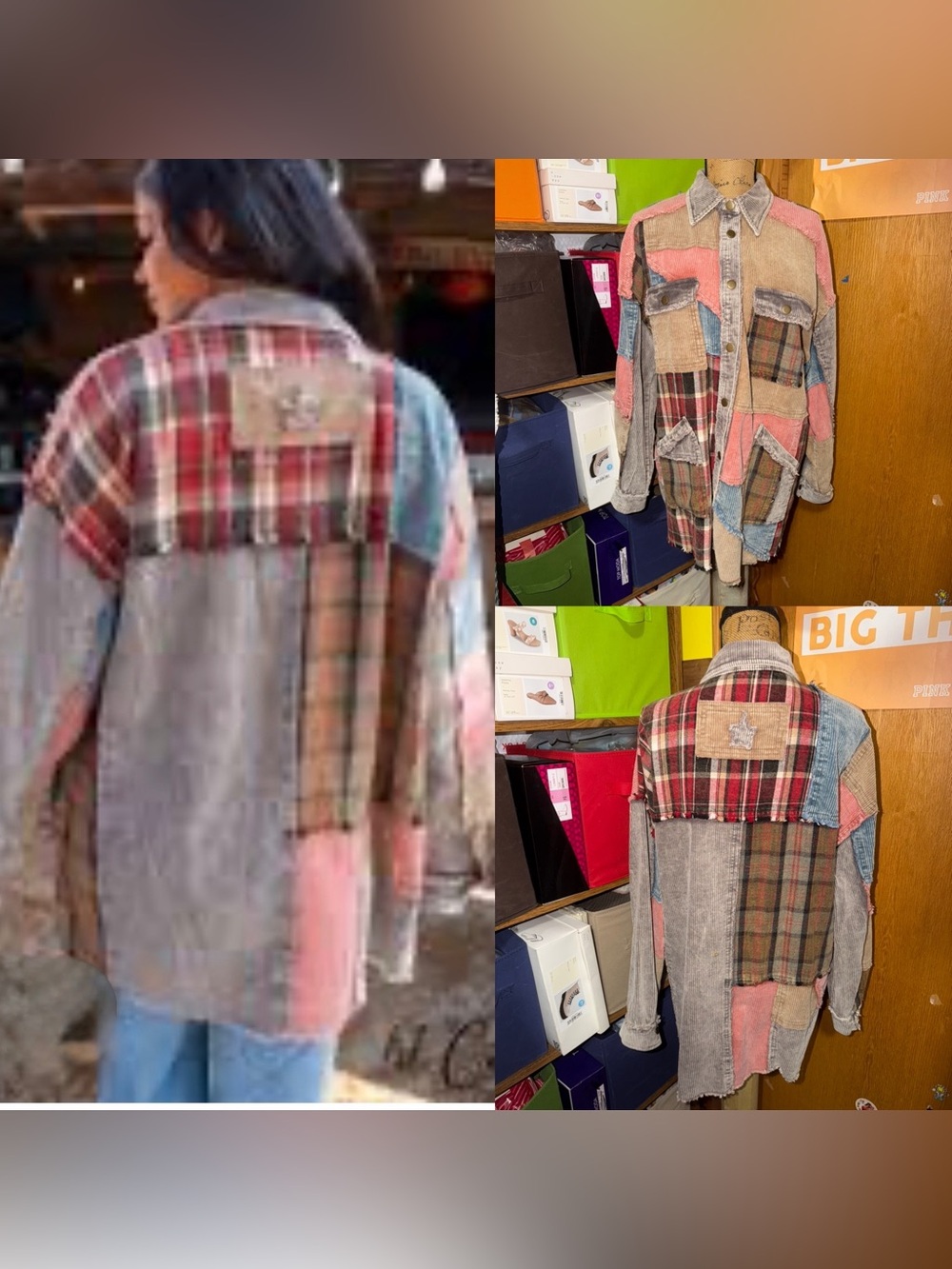 Oli & Hali Patchwork Plaid Mixed-Media Jacket in Pink and Gray
